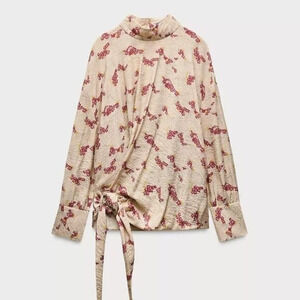Zara Blouse Womens Medium Beige Floral Mock Neck Tie Waist Long Sleeve Boho